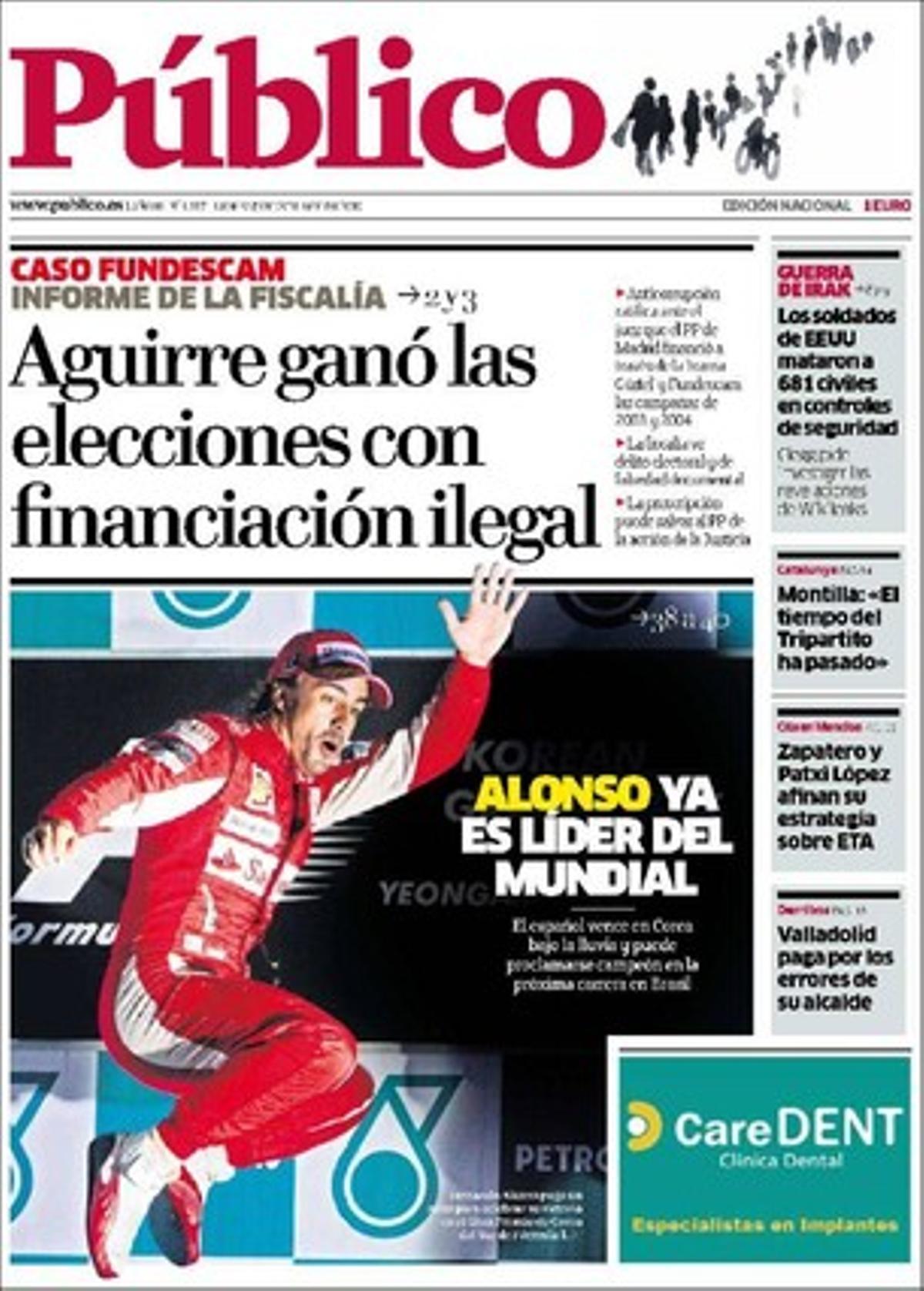 ’Público’ destaca a les pàgines interiors que la trama Gürtel també va falsejar la factura del congrés del PP que va fer líder Esperanza Aguirre el 2004, que l’alcalde de Valladolid, Javier León de la Riva (PP), va autoritzar en el seu edifici pisos il·legals que ha d’enderrocar, i que l’economia social crea llocs de treball en un any laboral crític. També publica un sondeig propi --puja del 20,6% al 22% el percentatge d’espanyols que creuen que la seva situació econòmica millorarà--, i que Tarragona i Reus intenten superar rivalitats ancestrals per consolidar la segona àrea metropolitana de Catalunya.
