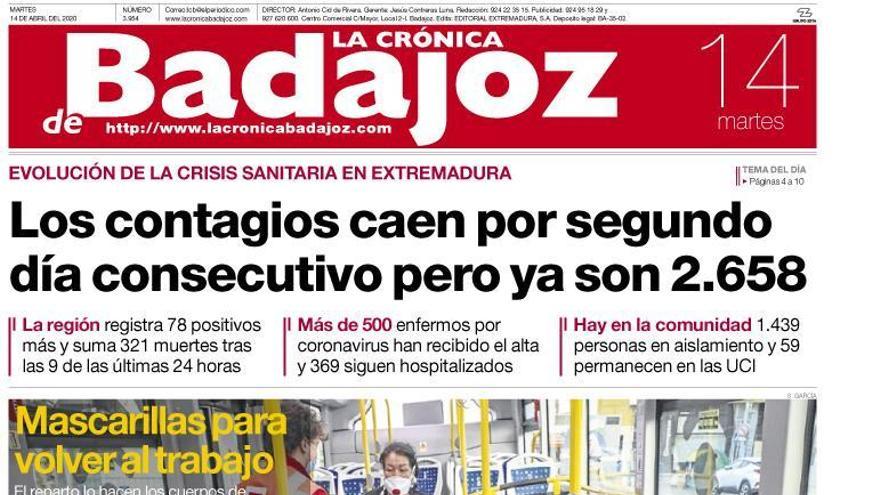 Esta es la portada de LA CRÓNICA DE BADAJOZ correspondiente al día 14 de abril del 2020