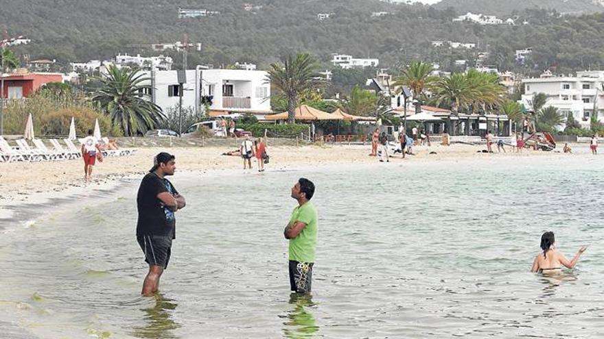 Unos bañistas se meten en el agua, una vez izada la bandera verde.