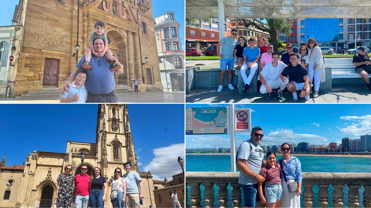 Arriba, a la izquierda, los mexicanos Juan Daniel Abad, Emilio Abad y Diego Carriles Robles, con la iglesia de San Isidoro de Oviedo detrás; al lado, por la izquierda, Luis Clares, Inés Carbona, Pablo Clares, Carmen Rodríguez, Francisco Clares, Pascual Rodríguez, Marisa Cerbel, Mari Luz Cerbel, Javier Clares y Francisco Rodríguez, en el paseo del Muro de Gijón. Debajo, a la izquierda, Ana María Vilar, Gonzalo Pena, Sarai Pena, Sonia Naval y Samuel Pena, frente a la Catedral de Oviedo; a la derecha, Jesús Suárez, Emma Suárez y Ana Belén López, en Gijón.