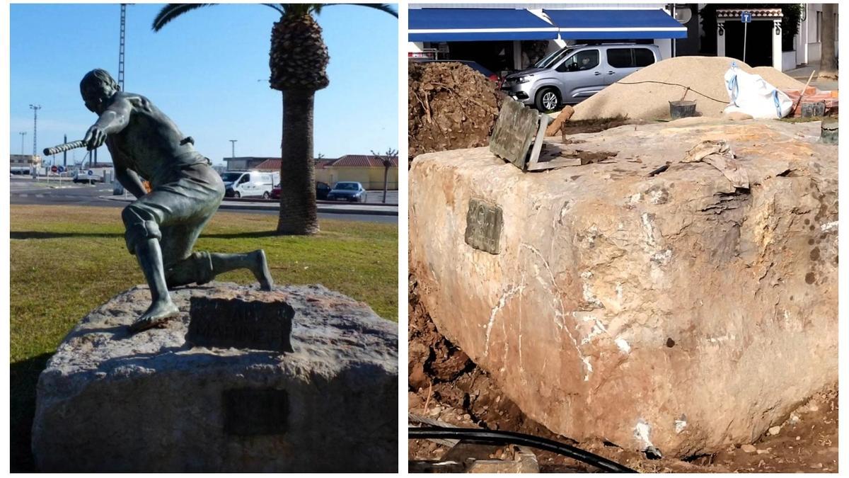 Foto del antes (i) y después del estado de la escultura.