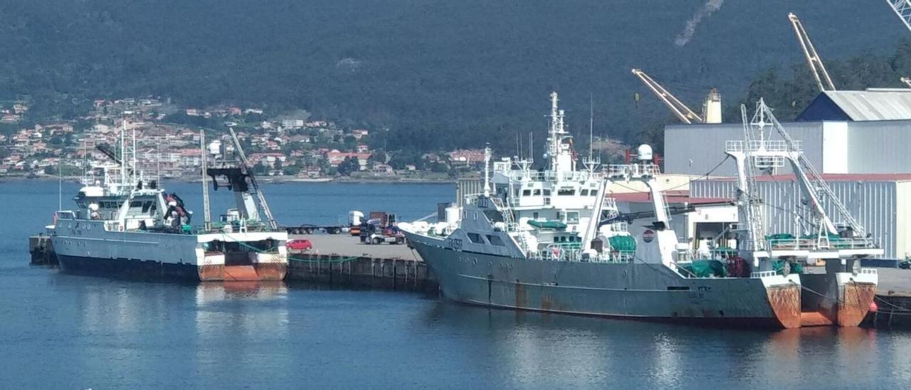 Dos grandes pesqueros de altura, en una descarga en el Puerto de Marín.