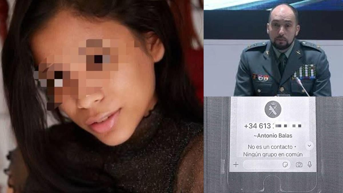 Imagen de la joven que se utilizaba para extorsiones sexuales en nombre del Teniente Coronel Balas (derecha). Abajo, captura de pantalla enviada a una víctima con el escudo de la Guardia Civil y el supuesto teléfono de Balas.