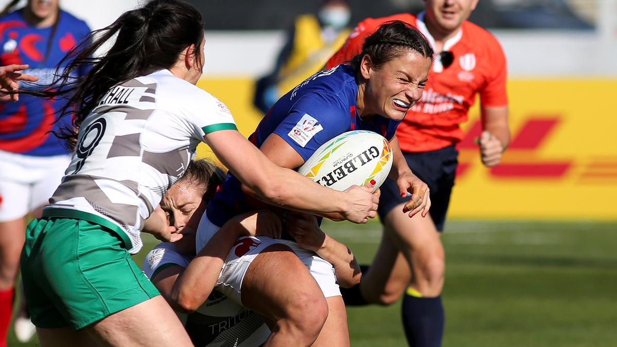 Francia - Irlanda, en la jornada de sábado de las series mundiales de rugby 7 en Málaga.