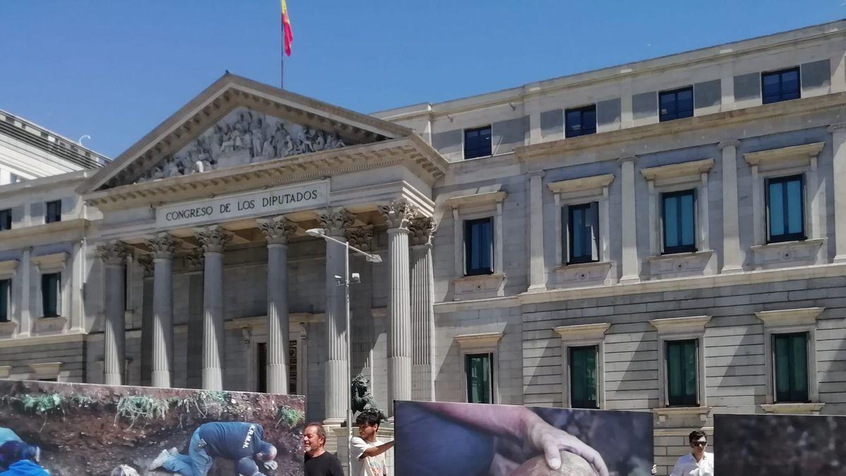 Miembros de la Asociación para la Recuperación de la Memoria Histórica han mostrado este martes imágenes de exhumaciones a las puertas del Congreso.