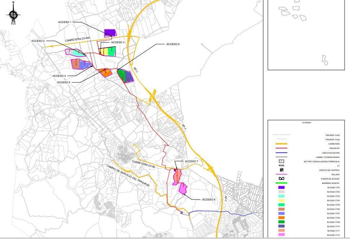 Distribución de norte a sur de las fincas escogidas por Acuamed: el acceso 1 es término municipal de San Miguel de Salinas, el 2 y 4 San Miguel de Salinas, el 5 y el 3 Almoradí, el 6 Los Montesinos, el 7 San Miguel de Salinas y 8 Orihuela. Estos dos últimos son fincas que flanquean la rambla de la Fayona
