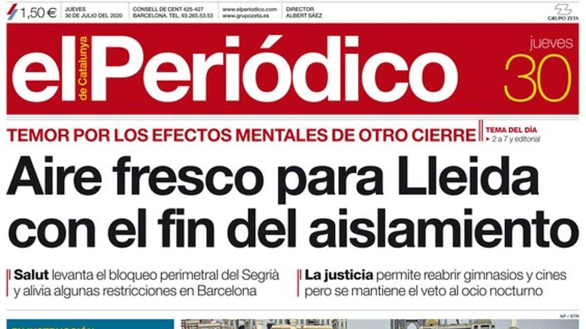 La portada de EL PERIÓDICO del 30 de julio del 2020