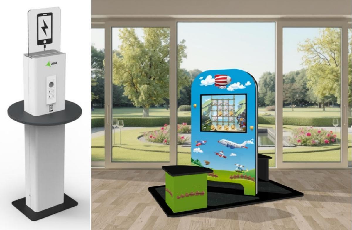 Columna de cargadores eléctricos y juego infantil como los que se instalarán en el aeropuerto de Vigo.