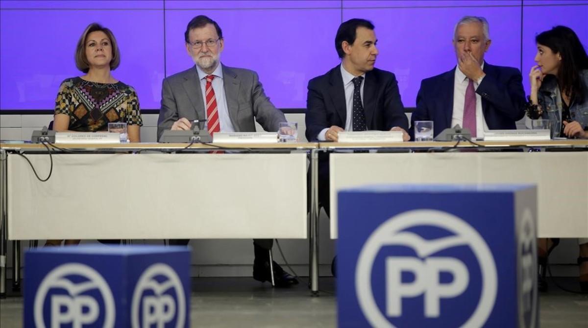 Mariano Rajoy, Maria Dolores de Cospedal, Javier Arenas , Andrea Levy y Fernando Martinez-Maillo este lunes durante la reunion del Comite Ejecutivo del Partido Popular. 