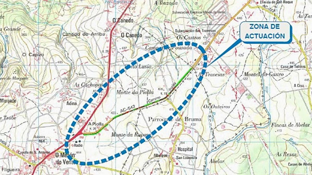 La elipse discontinua marca el ámbito de actuación para construir la senda peatonal ordense