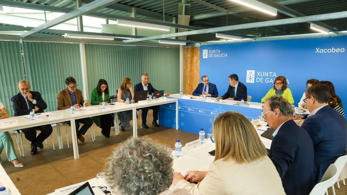 El conselleiro de Educación en el Consello Galego de Universidades, con los rectores de las tres universidades públicas gallegas a la izquierda.