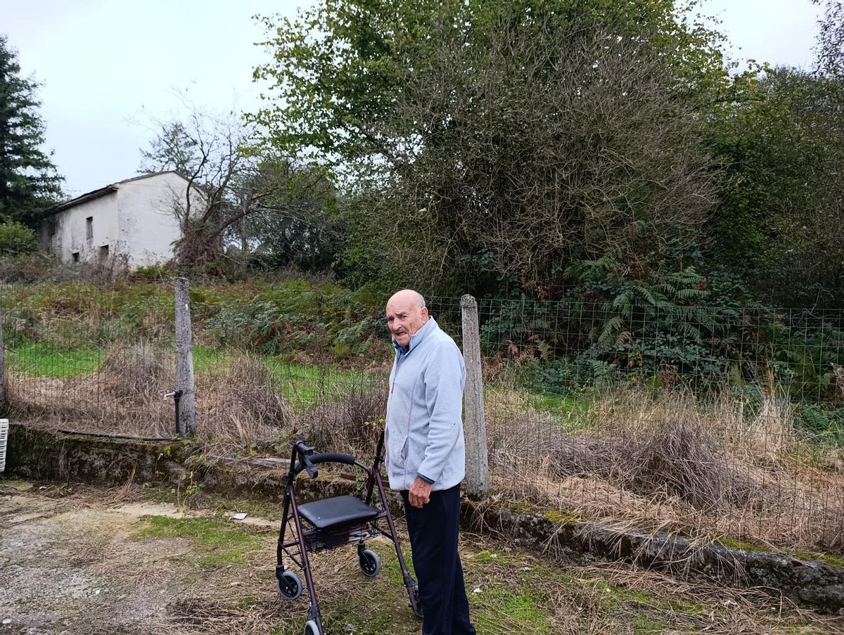 Rufino Meana, en su finca de Pañeda, observa la maleza que crece en el terreno anexo a su casa.