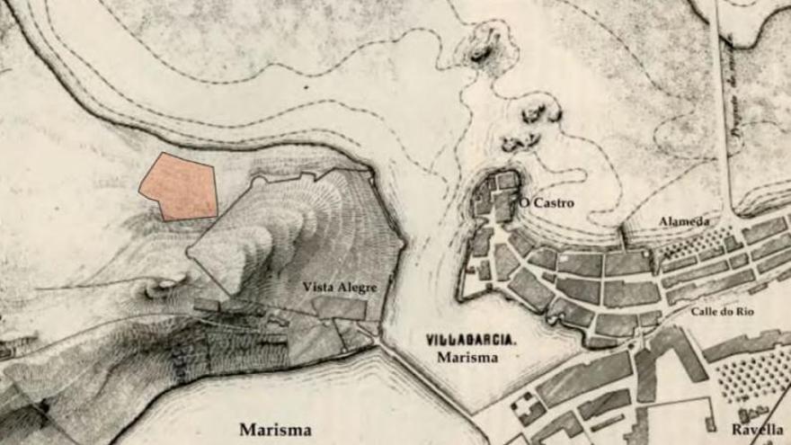 En color, la zona objeto de excavación en un mapa antiguo. 