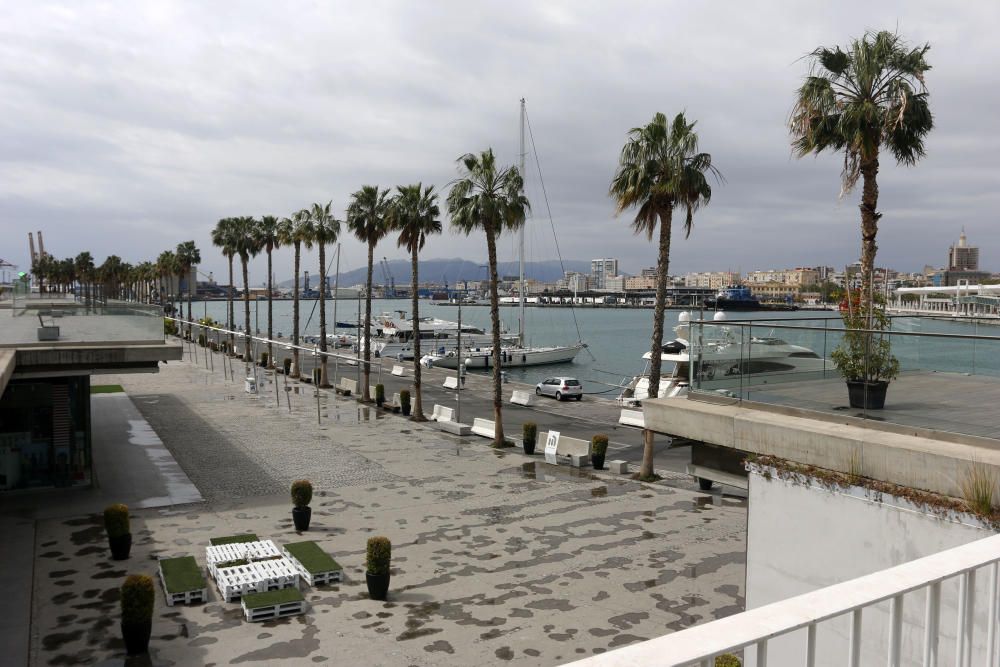 Con más de una semana de confinamiento cumplida, la ciudad de Málaga sigue dejando imágenes desoladoras en sus calles. Pocos transeúntes en puntos siempre tan bulliciosos como el Muelle Uno o apenas tráfico en el Paseo de los Curas, normalmente atestado de vehículos a cualquier hora del día.