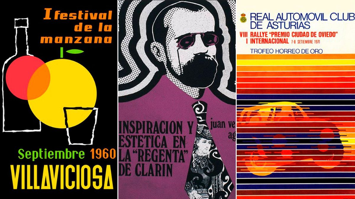 Tres de las creaciones de Santamarina expuestas en "Gráfica Pura"; por la izquierda, el cartel del I Festival de la manzana, la portada del libro "Inspiración y estética en ‘La Regenta’ de Clarín", y el anuncio del Rallye "Premio Ciudad de Oviedo".