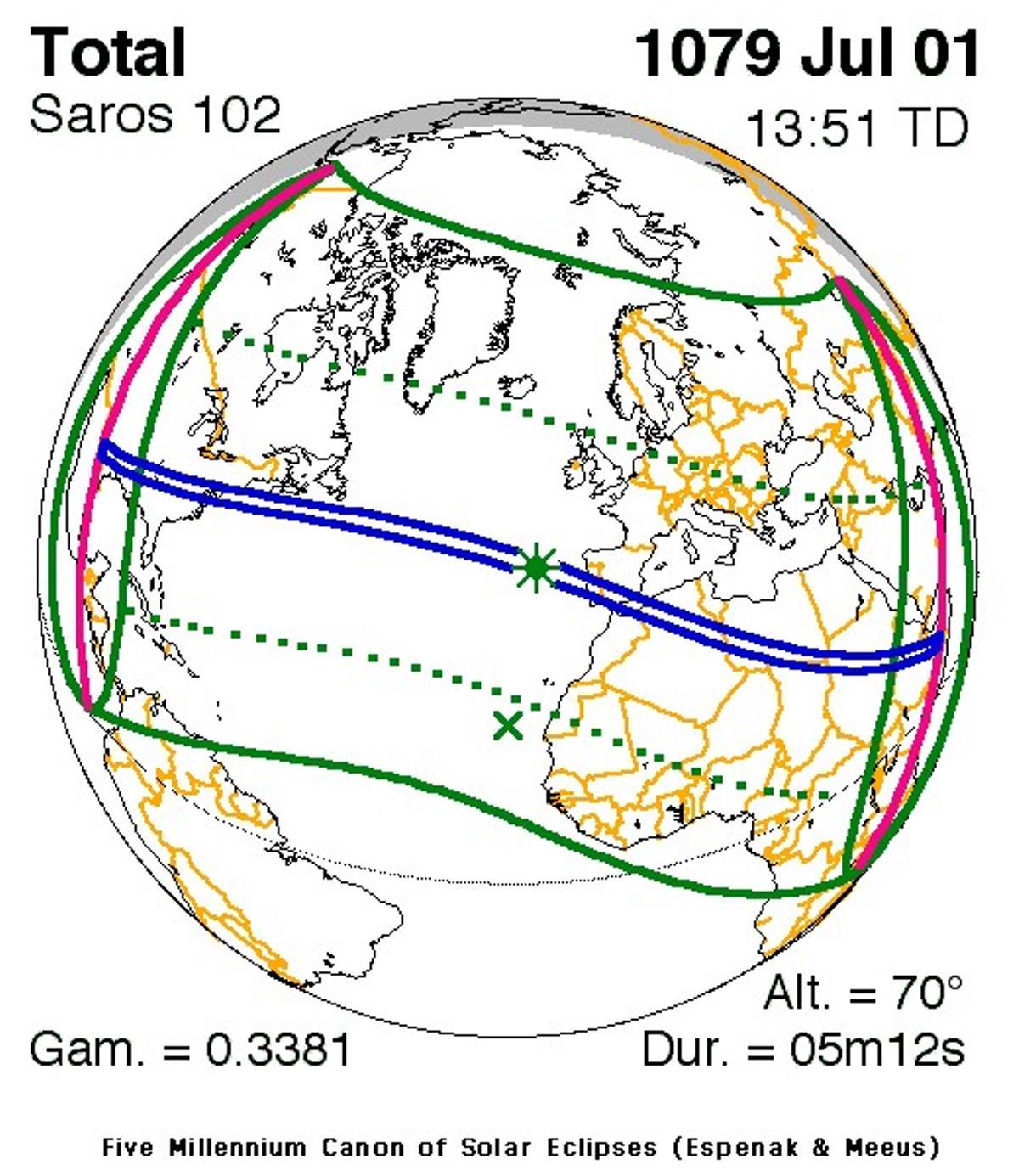 Recreación de la visibilidad en la Tierra del eclipse central del 1 de julio de 1079; la franja azul es la de totalidad y atraviesa todo el Suroeste de al-Andalus.
