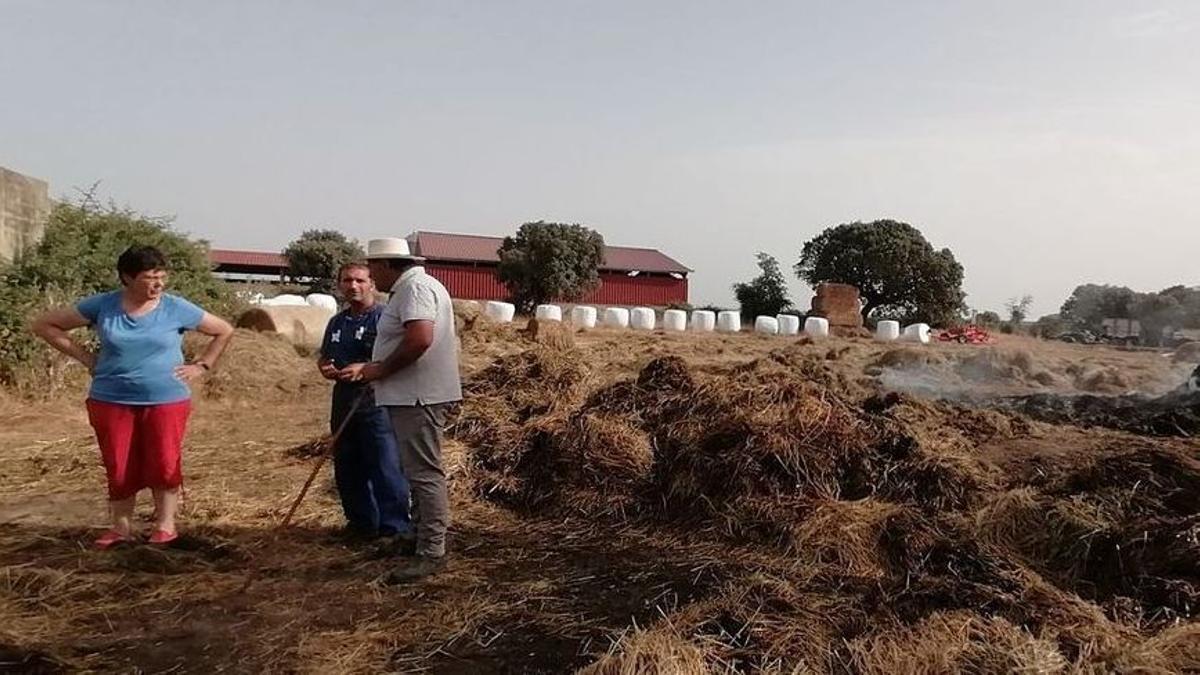 El alcalde Carlos Santos (con sombrero) junto a los ganaderos Ismael Garrote y María Jesús González muestran la zona afectada por el incendio en Piñuel.