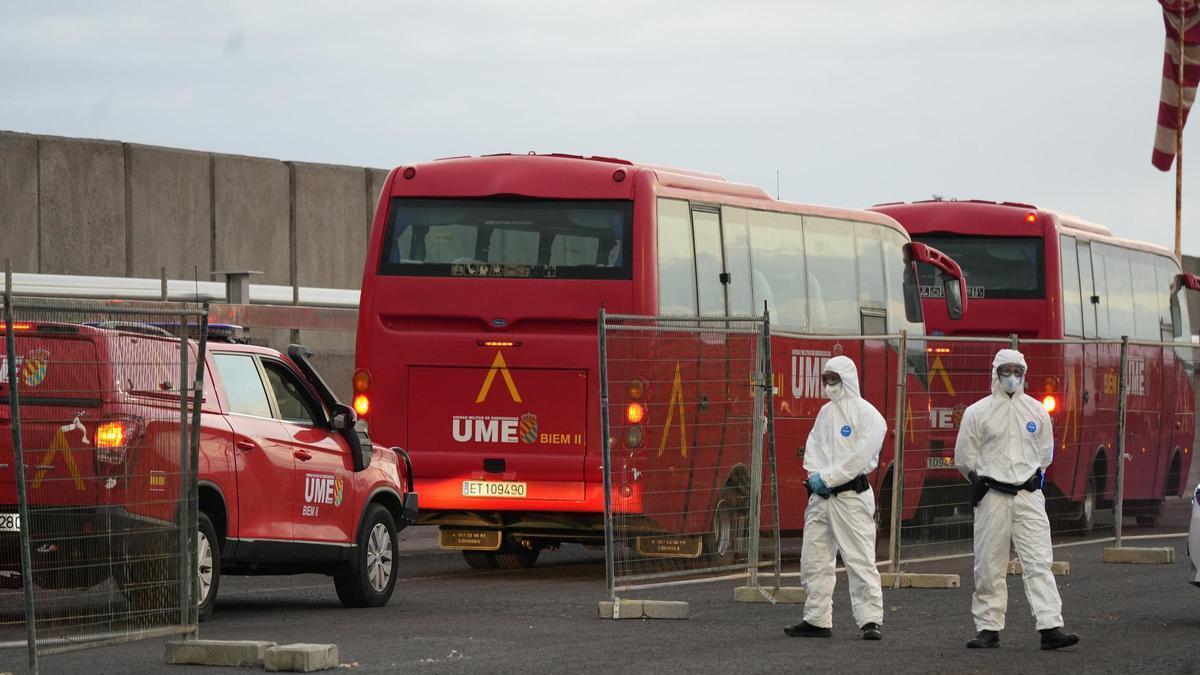 Arriben els busos de la UME que hauran de transportar els passatgers del vaixell del Port de Granadilla a l’Aeroport Sud de Tenerife.