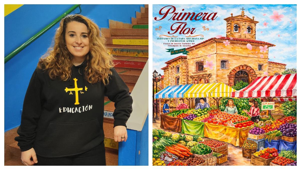 Lara Vega, autora de la obra que ilustra el cartel de la Primera Flor, a la derecha de la imagen.