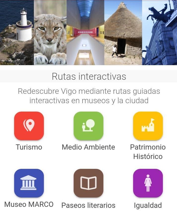 Vista de las categorías en las que se dividen los itinerarios interactivos de la aplicación municipal &quot;VIGO&quot;.