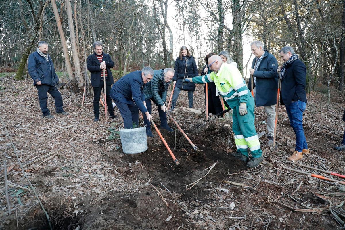 Hugo Morán y Sánchez Bugallo, sacho en mano, replantaron ayer varios ejemplares arbóreos en Conxo. Foto: Antonio Hernández