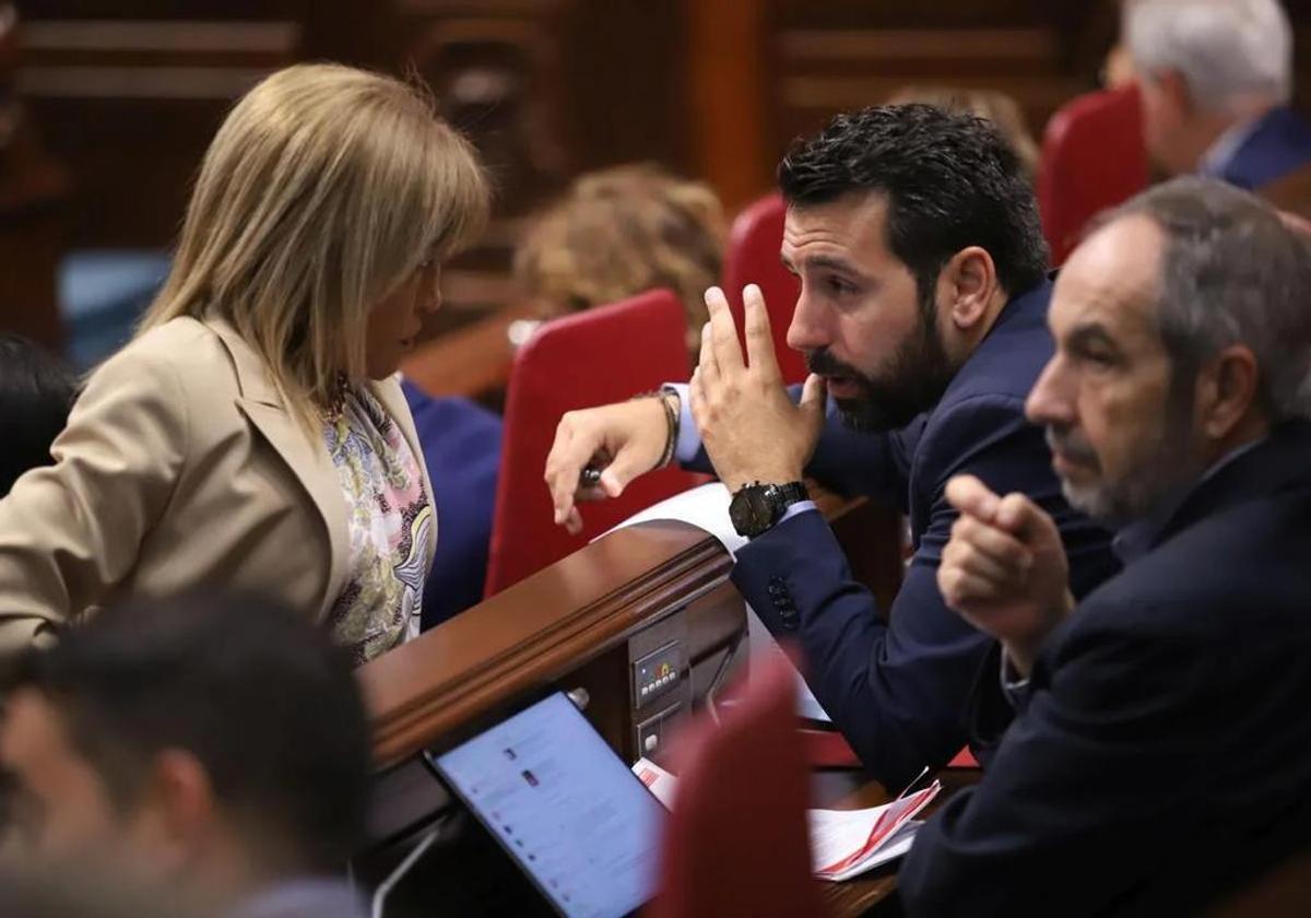 La diputada de NC Esther González conversa con el socialista Manuel Hernández (c) en presencia de Rafael Nogales.