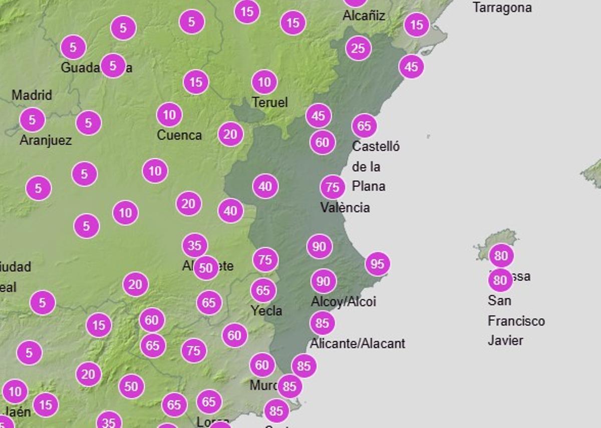 Probabilidad de lluvia para el viernes en la Comunitat Valenciana.