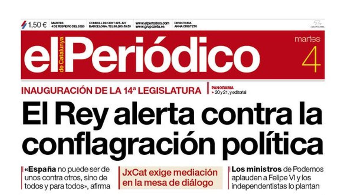 La portada de EL PERIÓDICO del 4 de febrero del 2020