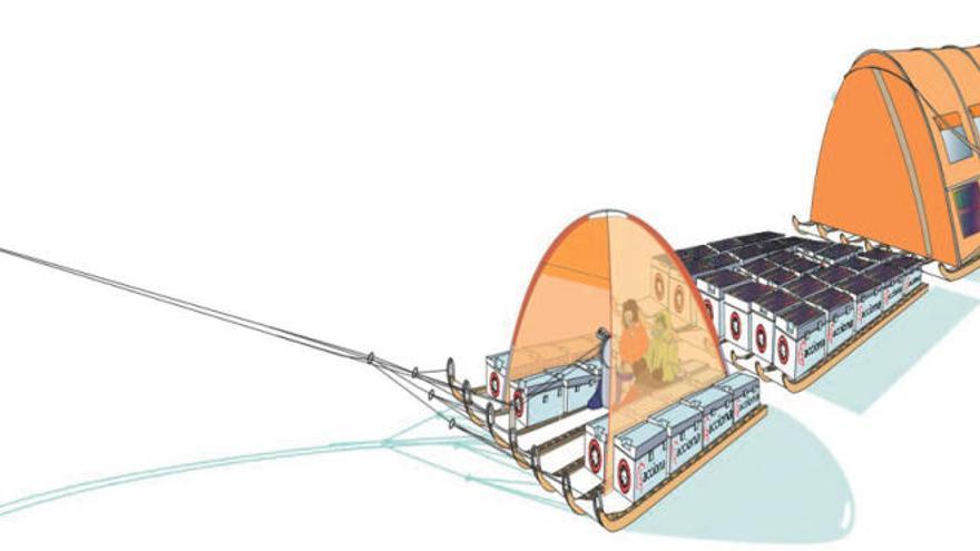 Ilustración del trineo de viento, vehículo sostenible tirado por cometas y capaz de transportar entre 3,5 y 4 toneladas.
