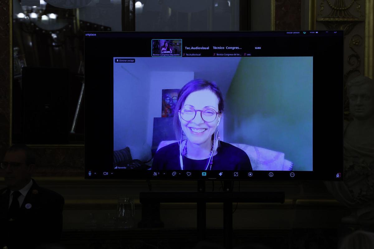 MADRID, 25/11/2025.- Intervención por videoconferencia de Nevenka Fernández en el acto celebrado con motivo del 25N, Día Internacional de la Eliminación de la Violencia contra la Mujer, este martes en el Congreso. J.J.Guillén