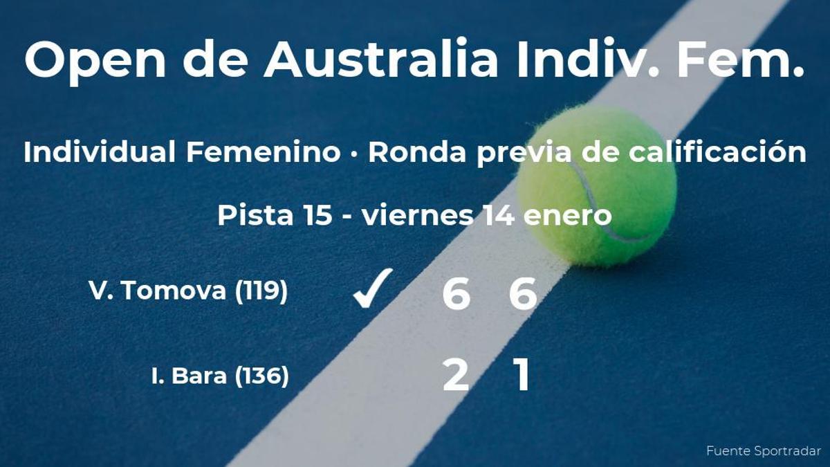 La tenista Viktoriya Tomova consigue ganar en la ronda previa de calificación contra Irina Bara