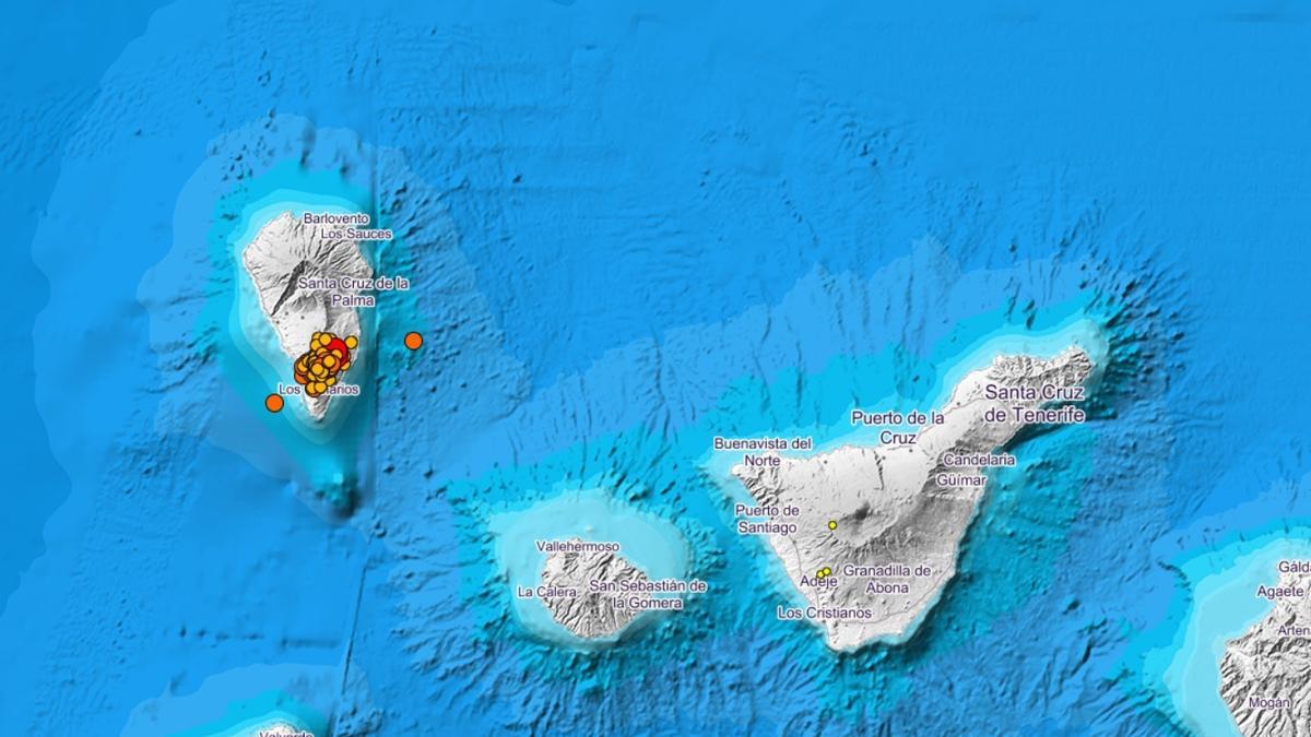 Mapa de localización de los últimos eventos sísmicos en La Palma.