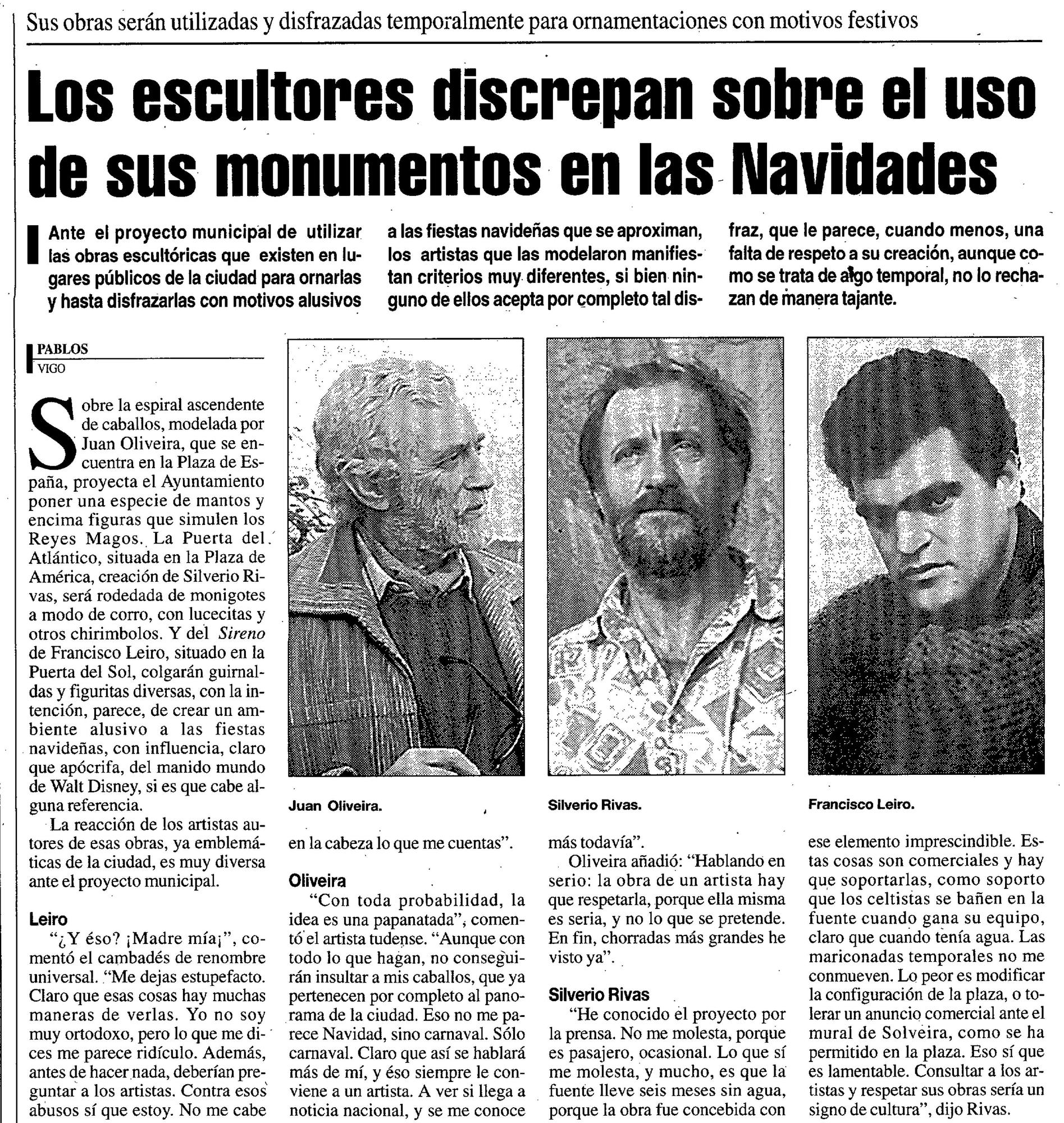 Página de FARO DE VIGO en la que los escultores Juan Oliveira, Francisco Leiro y Silverio Rivas opinaron sobre los adornos de Navidad en sus esculturas.