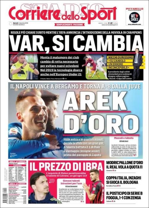 Portada CORRIERE DELLO SPORT martes 4 diciembre