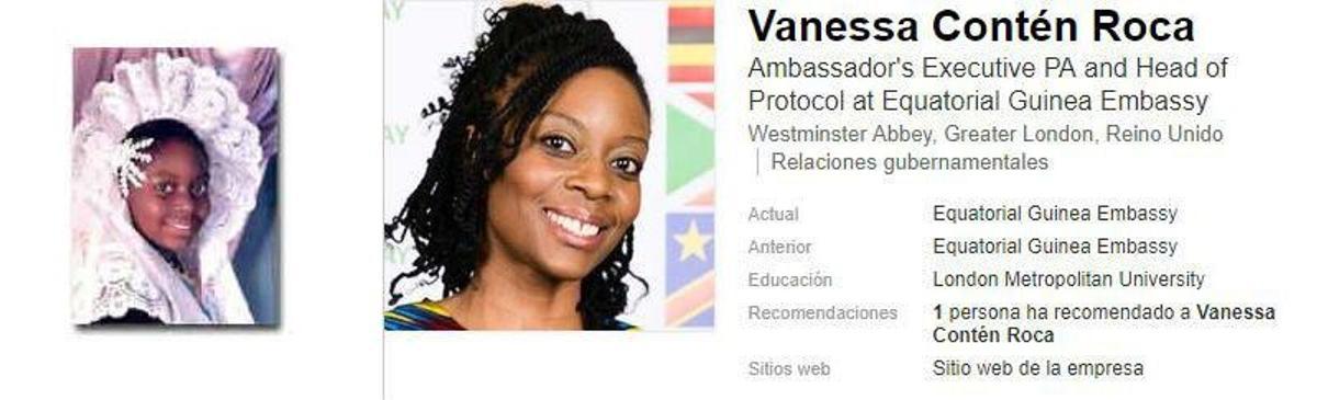 Vanessa Conten ha trabajado como jefa de Protocolo en la Embajada de Guinea Ecuatorial en Londres.