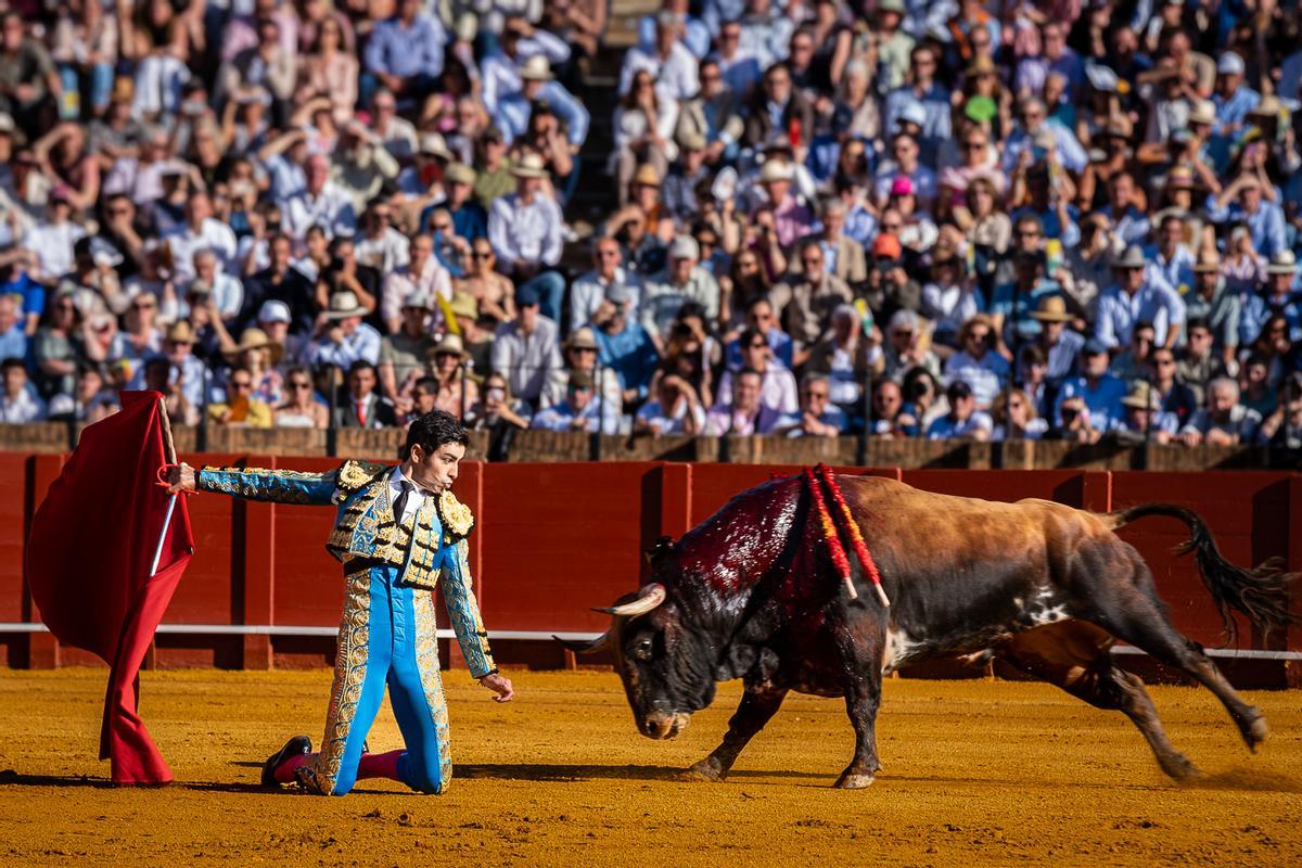 De rodillas y por la espalda inició Perera la faena.