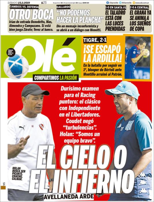 Portada OLÉ sábado 23 de febrero 2019