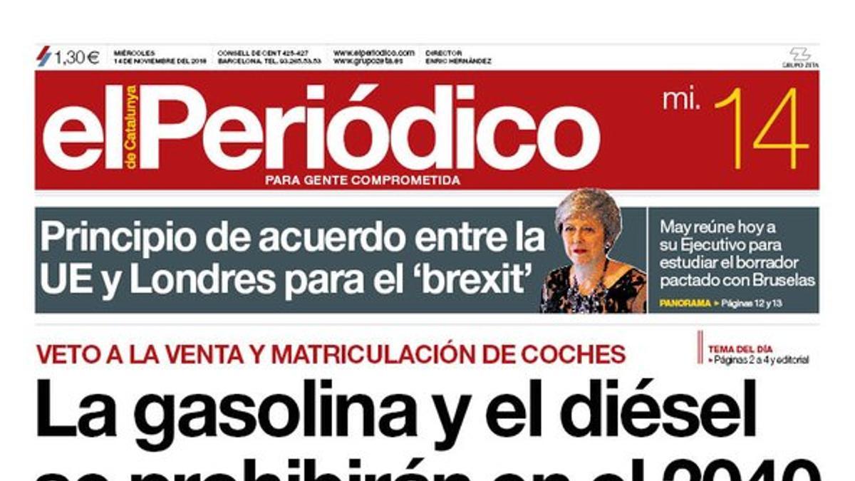 La portada de EL PERIÓDICO DE CATALUNYA del 14 de noviembre del 2018