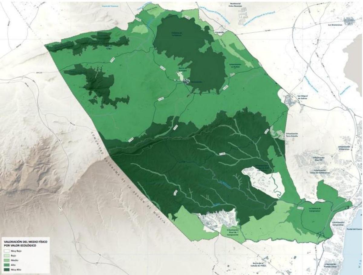 Zonificación del ámbito del PORN por su valor ecológico. En verde oscuro la superficie que se convertiría en futuro parque natural