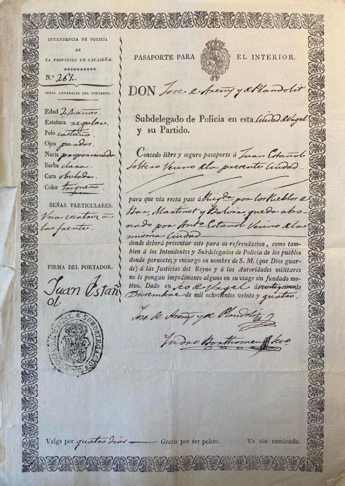 Un passaport per l'interior del 1824