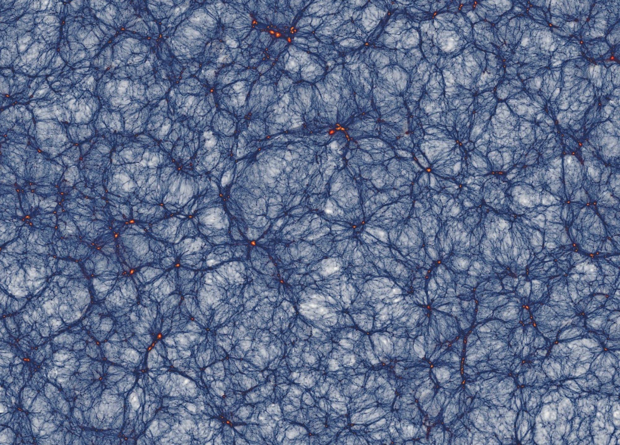 Simulación por ordenador de la distribución a gran escala de la materia oscura en el Universo. La característica estructura en forma de tela de araña que sigue la materia oscura condiciona la evolución de la materia ordinaria, esto es, de la materia bariónica. En esta simulación, las galaxias estarían situadas en las zonas donde se concentra la materia oscura, ya que los bariones acaban atrapados por el campo gravitatorio que esta genera.