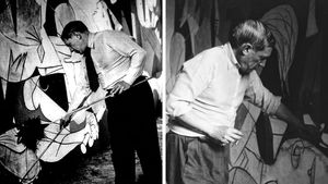 Pablo Picaso, fotografiado por Dora Maar mientras pintaba el Gernica.
