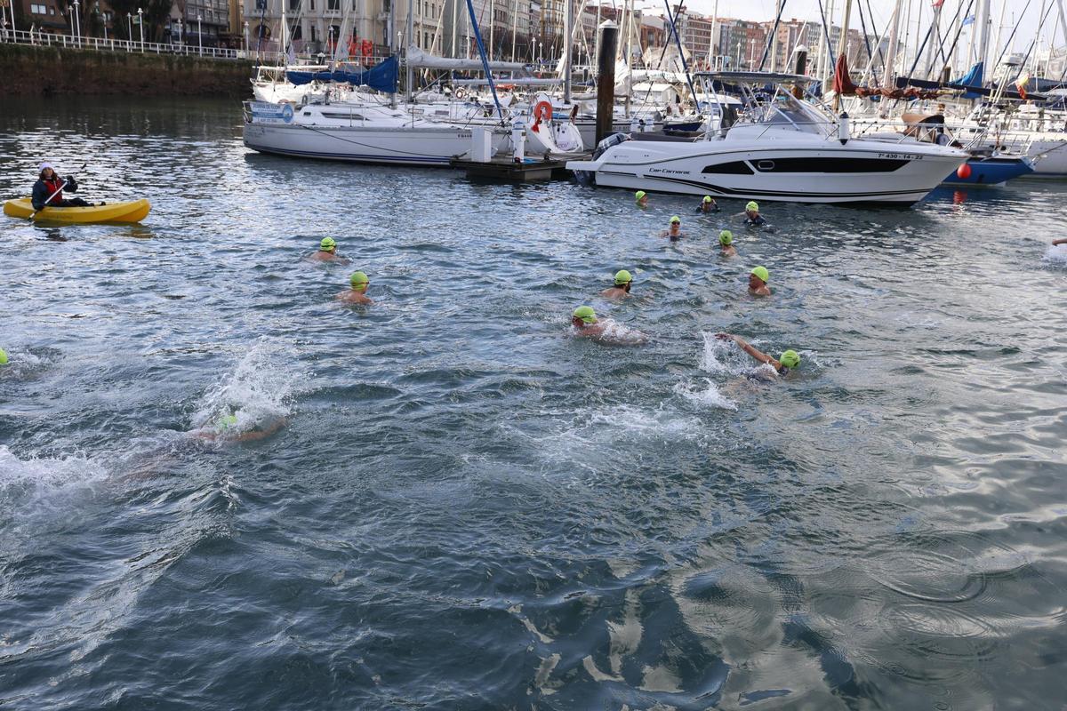 La travesía a nado de Navidad en Gijón congrega un año más a decenas de participantes (en imágenes)