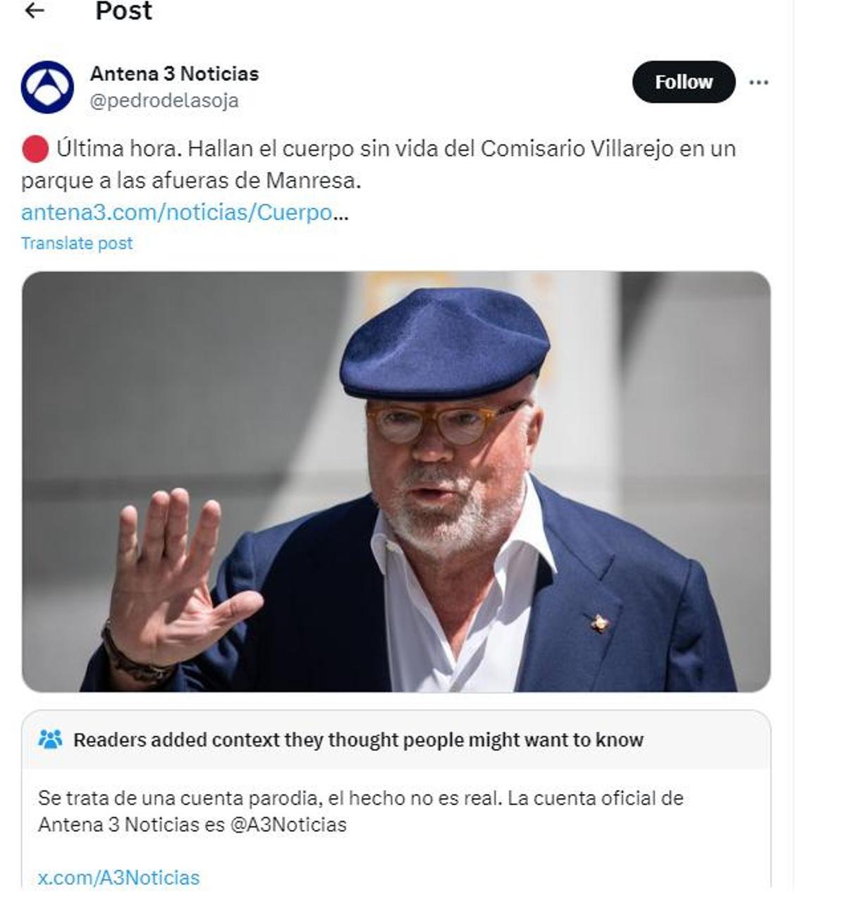 El tuit fals de @pedrodelasoja anunciant la mort del comissari Villarejo