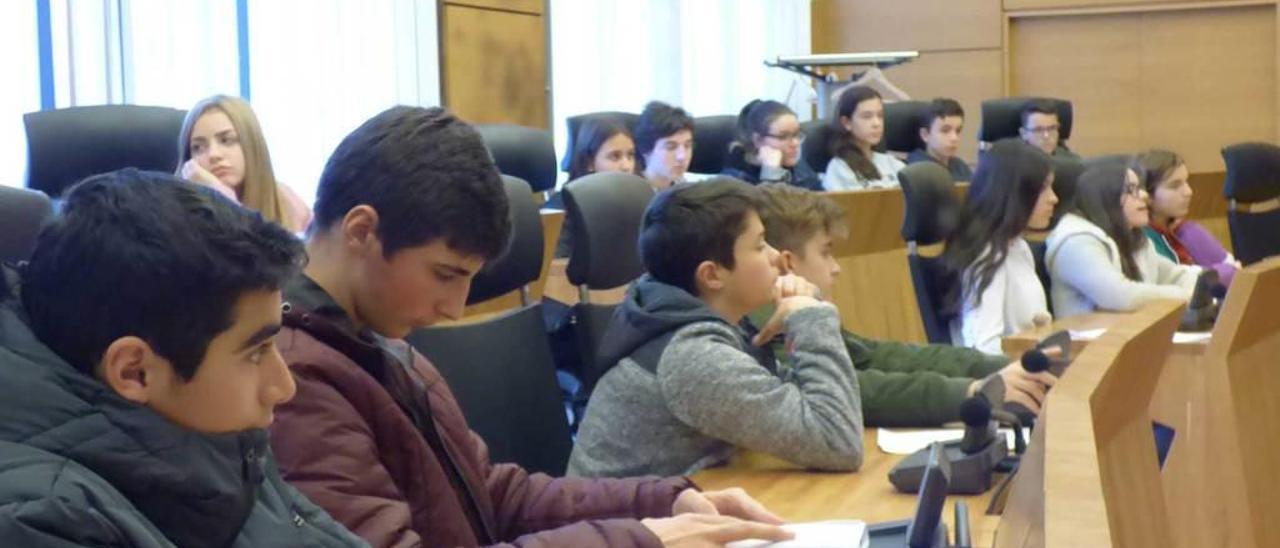 Alumnos del Instituto Astures, ayer, en el salón de plenos del Ayuntamiento.