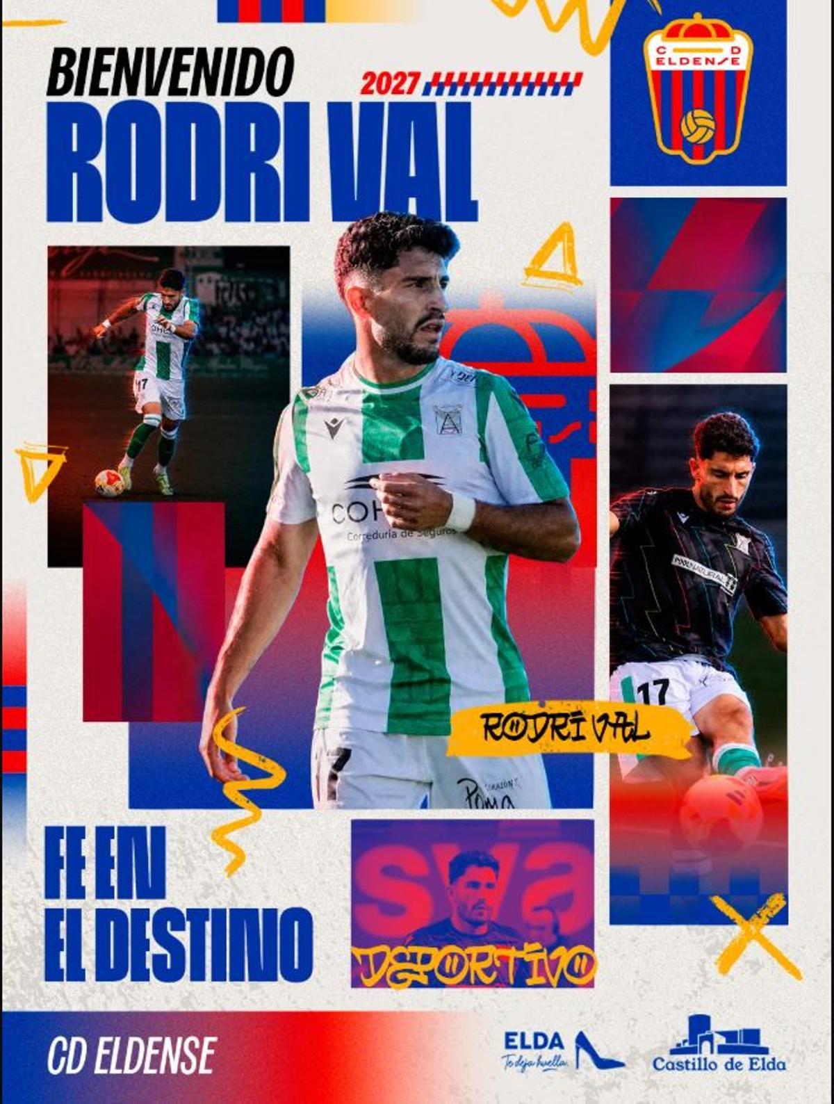 Cartela con el anuncio oficial del fichaje de Rodri Val por el Eldense.