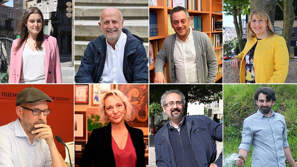 De izquierda a derecha: Eva Solla, Pancho Casal, Xulio Ferreiro y  Carmen Santos (arriba) y Martiño Noriega, Carolina Bescansa, Xoaquín Pastoriza y Marcos Cal