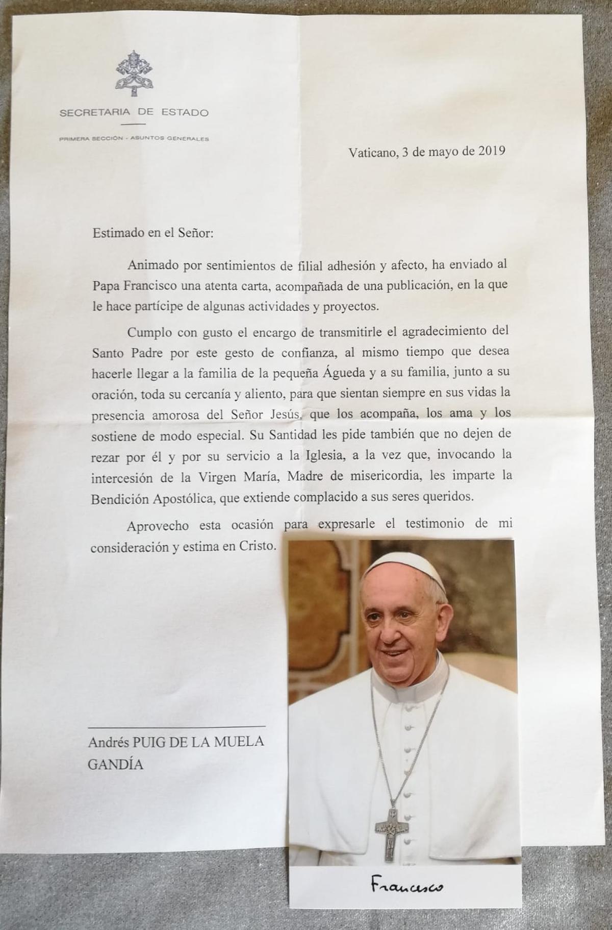 La carta que el papa Francisco envió a través de la Secretaría de Estado del Vaticano.
