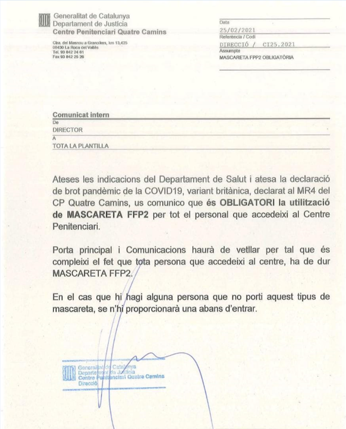 Carta del director de Quatre Camins en pleno brote epidémico en la prisión.