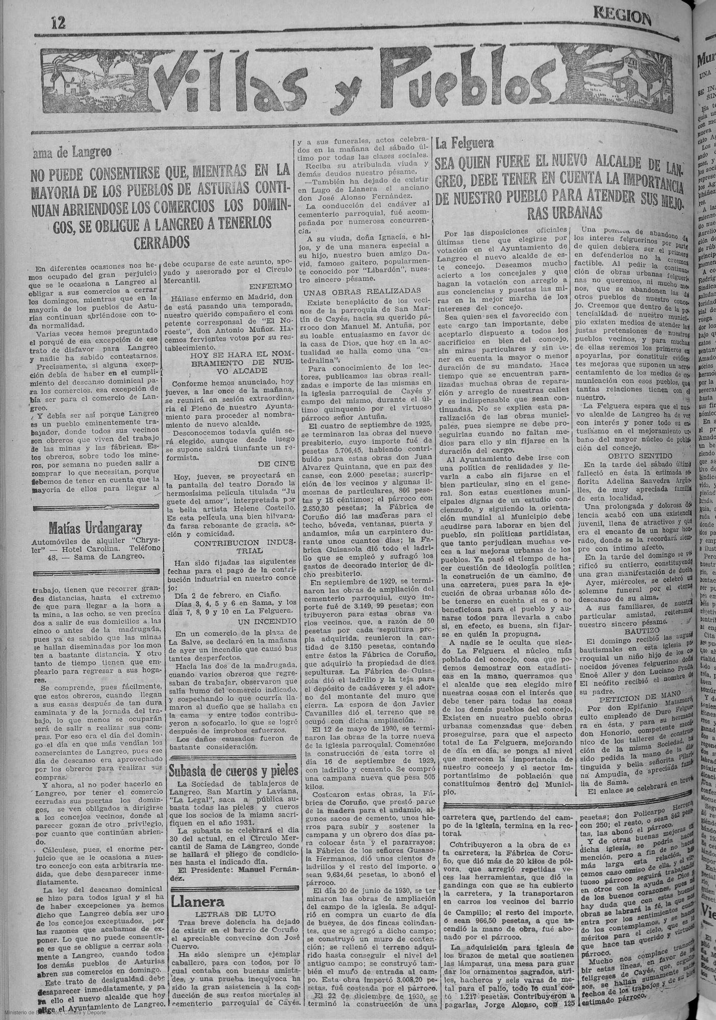 Página de Región, donde aparece el relato acerca de las obras realizadas en la iglesia, que se lee en la tercera columna